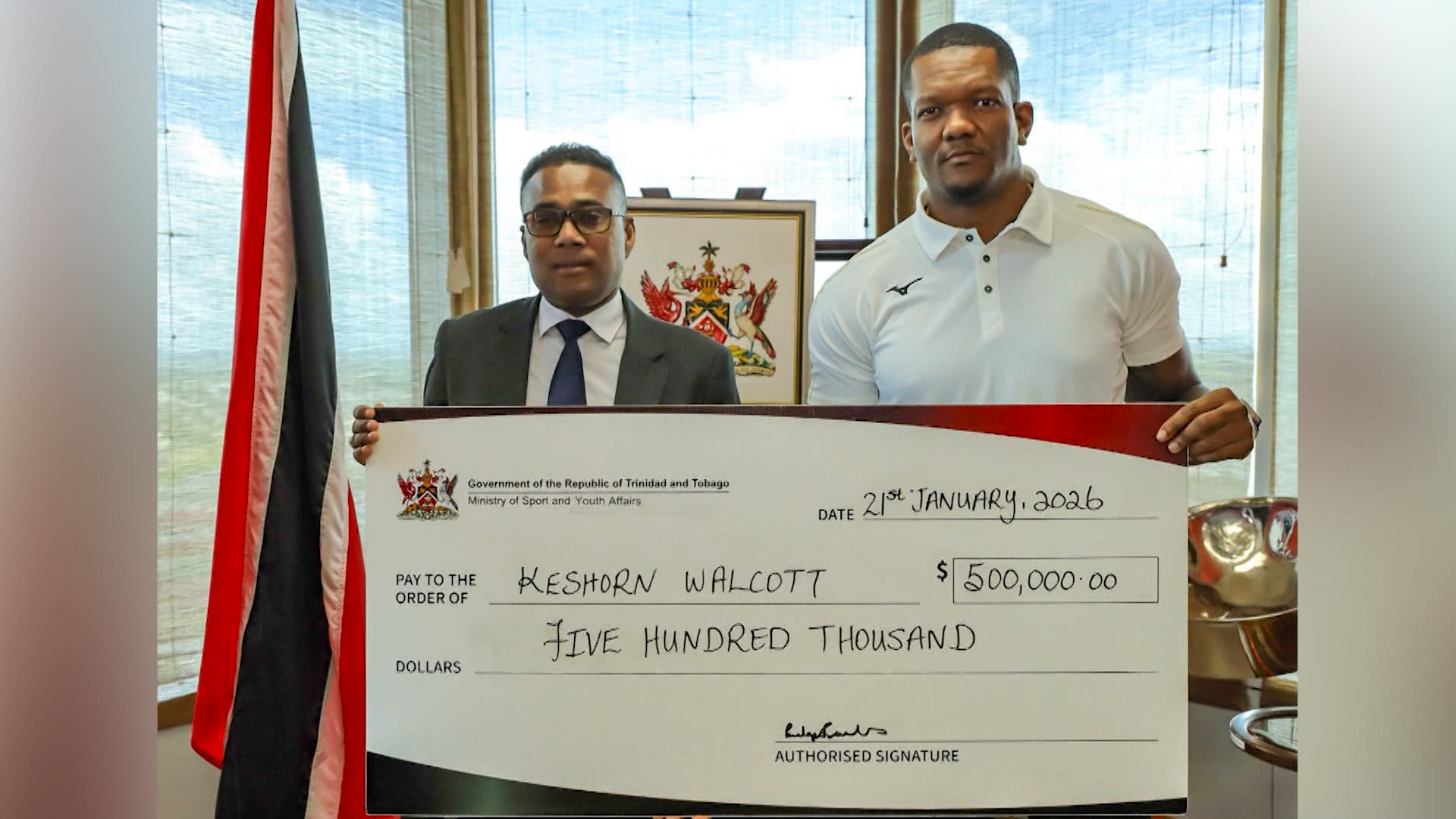 Sport Minister Presents Keshorn Walcott With $500,000 Reward For Gold Medal